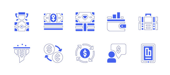 Finance icon set. Duotone style line stroke and bold. Vector illustration. Containing circular economy, finance, wallet, prize, stats, filter, case, money, currency exchange.