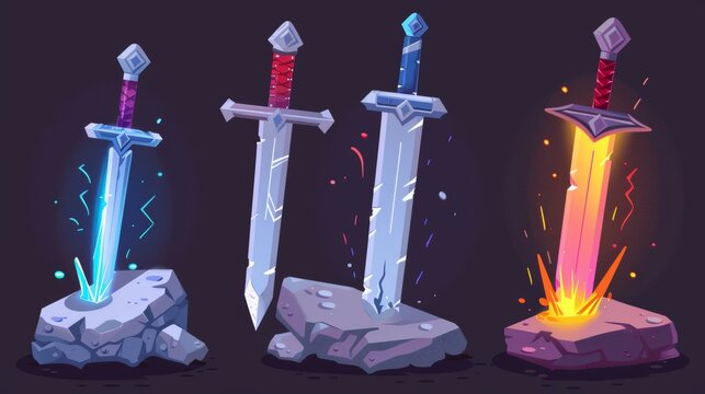 An Arthur king excalibur blade stuck in stone, alchemy steel blades with glowing sparks, camelot legend or myth design elements. Cartoon modern illustration.