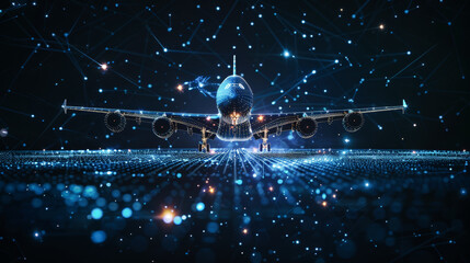 An airplane soars gracefully over a intricate network of lines and dots, symbolizing the fusion of technology and travel