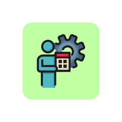 Fototapeta premium Man with calculator line icon. Gear, budget automation, accounting. Finance and accounting concept. Can be used for topics like money, accounting service, budget program.
