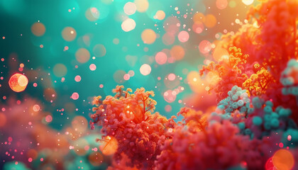 An abstract composition in bright coral and teal, where defocused lights suggest the vibrant, lively dance of coral reefs teeming with life beneath the sea. The atmosphere is colorful and bustling. - obrazy, fototapety, plakaty