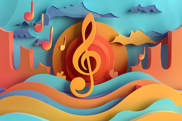 Musical Note. Music Abstract Illustration. International Jazz Day. Paper cut art style.