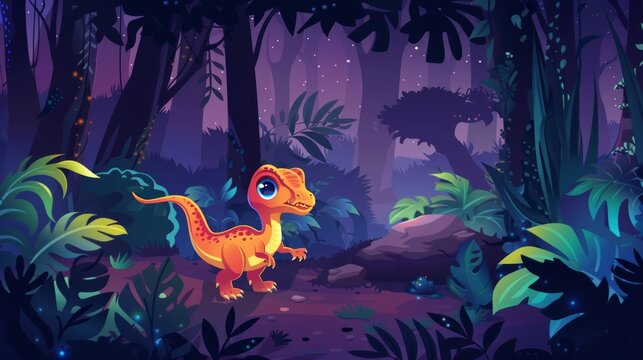 Animated modern illustration of a cute baby velociraptor in the jungle at night. Dinosaur character in a forest of prehistoric plants and trees. Dark rainforest landscape with a funny dino, plants