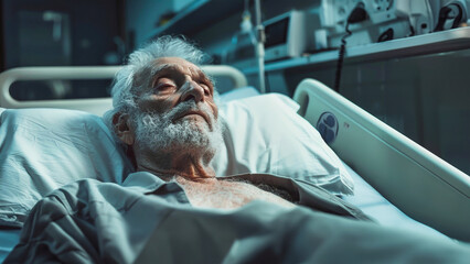An elderly man peacefully rests in a hospital bed, surrounded by soft light and comforting shadows - obrazy, fototapety, plakaty