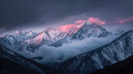 Obraz premium The scene of a sea of clouds illuminated by golden light on the top of a snowy mountain