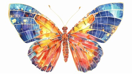 A butterfly with wings of solar panels, fluttering towards a sustainable future, in a style of watercolor