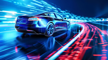 Fototapeta premium A futuristic electric car speeds through a vibrant, glowing tunnel, embodying innovation and progress