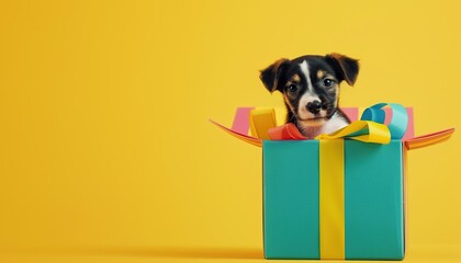cute little puppy dog peeking, happy birthday blue gift box, yellow background copy space card
