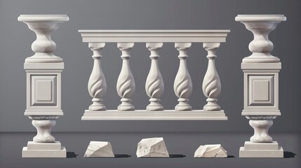 An architecture elements set of elements including pillars, columns, balusters, and handrails for a balcony, terrace, or parapet. - obrazy, fototapety, plakaty