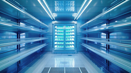 A never-ending room lined with countless shelves filled with stored food items in an industrial freezer setting