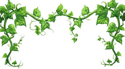 A cartoon illustration of green vines with twisting leaves growing at the four corners captured horizontally and isolated against a white background - obrazy, fototapety, plakaty