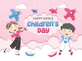 Papaer Cut Style Hand Drawn Background for World Children's Day Celebration