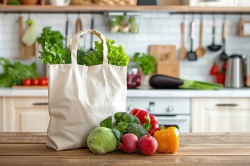 Eco friendly reusable shopping bag with vegetables on a wooden table against the backdrop of the...
