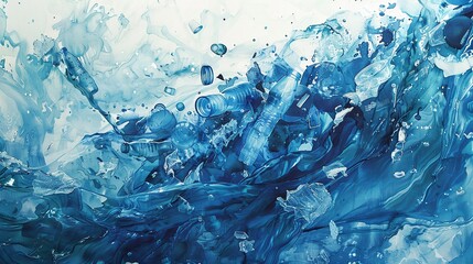 A cascade of plastic bottles transformed into a waterfall, a commentary on pollution in stunning yet sad blues and whites, in a style of watercolor