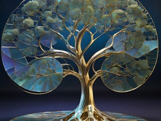 Create a holographic tree inspired by the Fibonacci sequence, with branches growing in proportions dictated by the golden ratio.
