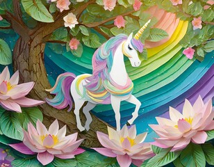 The unicorn is on a tree on a dense lotus petal and is a paper-art-like image, and the body and tail are pastel rainbow colors. horse, animal, vector, illustration, farm, cartoon, 