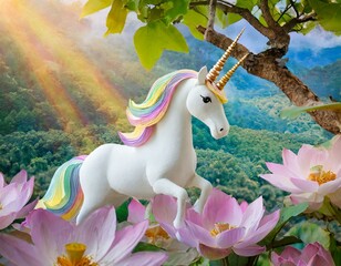 The unicorn is on a tree on a dense lotus petal and is a paper-art-like image, and the body and tail are pastel rainbow colors.
horse, animal, vector, illustration, farm, cartoon, 