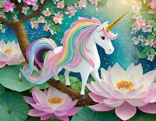 Obraz premium The unicorn is on a tree on a dense lotus petal and is a paper-art-like image, and the body and tail are pastel rainbow colors. horse, animal, vector, illustration, farm, cartoon, 