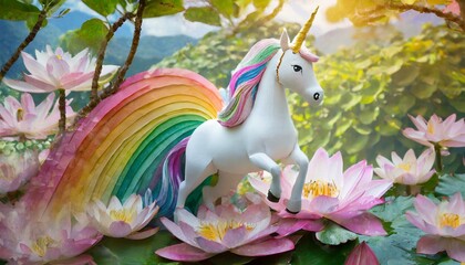 Obraz premium The unicorn is on a tree on a dense lotus petal and is a paper-art-like image, and the body and tail are pastel rainbow colors. horse, animal, vector, illustration, farm, cartoon, 