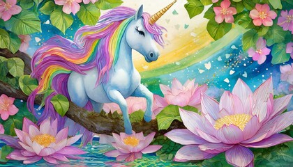 Obraz na płótnie Canvas The unicorn is on a tree on a dense lotus petal and is a paper-art-like image, and the body and tail are pastel rainbow colors. horse, animal, vector, illustration, farm, cartoon, 