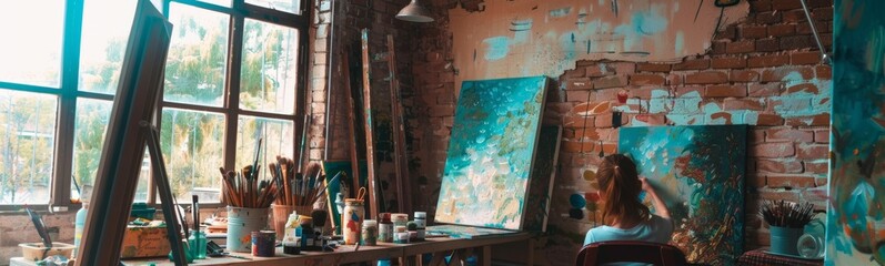 Painting on easel in a room with a window and a brick wall. Banner
