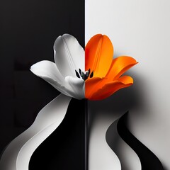 a monochromatic accent orange colour,contrast between black and white, with pops of a single bright hue, graphic incorporate minimalist, abstract, or geometric elements of an tulip flower