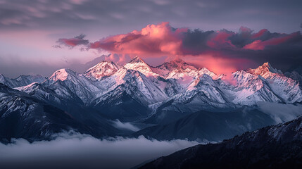 The scene of a sea of clouds illuminated by golden light on the top of a snowy mountain - Powered by Adobe