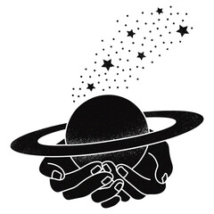Mystical hands png sticker, black Saturn, transparent background