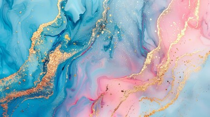 Epoxy resin texture with blue , gold and pink background. Banner Abstract marble waves coloured with crushed gold. Executed in the style of liquid art.