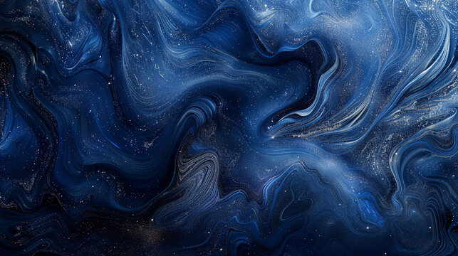 An abstract, luxurious seascape, where deep indigo blue swirls interlace with glimmering platinum powder, evoking the depth and mystery of the ocean.