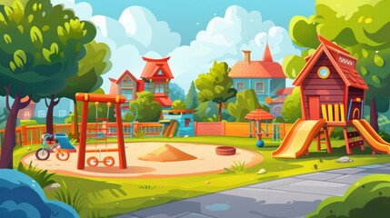 Cartoon illustration of children playing in a suburb with a sandbox, toys, bicycle, and wooden house, and having fun in the park. Park, garden, schoolyard.