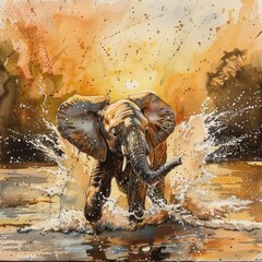 An elephant calf charges through a river, splashing water in the air. The background is a blur of trees and the sky is a bright orange.
