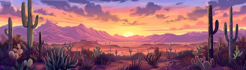 Sunset Over Picturesque Desert with Vibrant Cacti