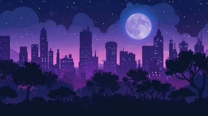Muurstickers An illustration of a moonlit city with a moonlit public park. Full moon shining brightly in a dark urban park against silhouettes of megalopolis skyscrapers. © Mark