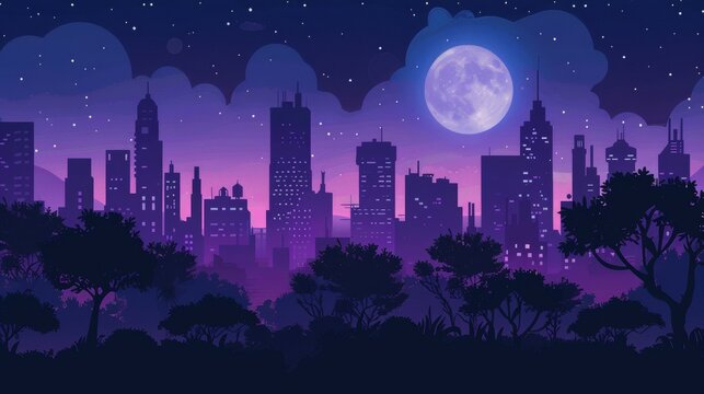 An illustration of a moonlit city with a moonlit public park. Full moon shining brightly in a dark urban park against silhouettes of megalopolis skyscrapers.