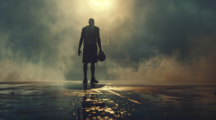 basketball player back in the night grab the basketball light in the playground sports