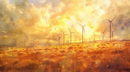 A field of wind turbines, their blades a blur of motion, harvesting energy in a dance of efficiency and elegance, in a style of watercolor