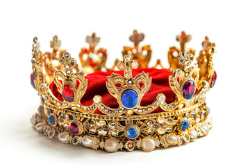 A gold and red crown with blue jewels on it