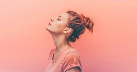 Side view of young woman raising head up isolated on pastel pink background.