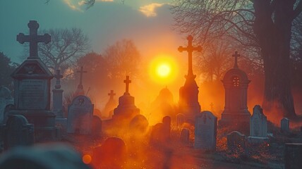 A fog-filled graveyard at dusk - obrazy, fototapety, plakaty