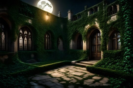 a fairytale castle courtyard, with ivy-covered walls and a magical glow under the moon. - Powered by Adobe