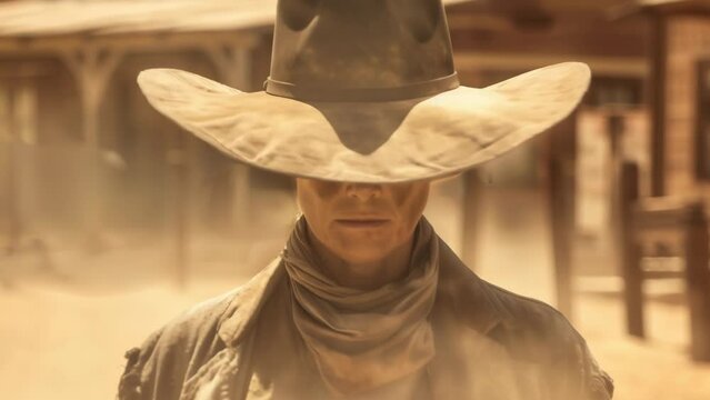 In a dusty Western town, a man in a black hat fixes a steely gaze. Clad in a leather coat and vest, he cuts an outlaw figure. 
