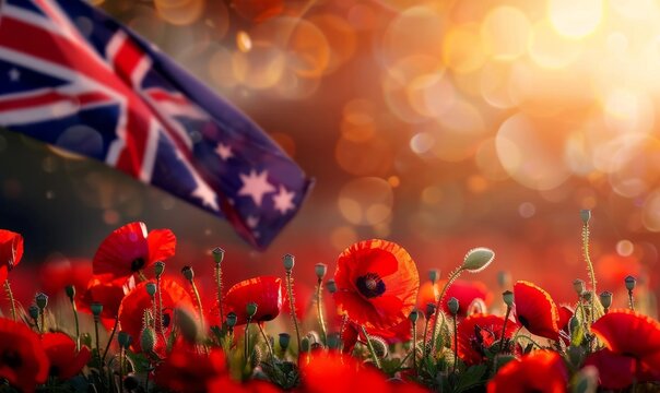 Anzac Day background with grunge painted Australia flag and poppy flowers. Remembrance symbol. Lest we forget.