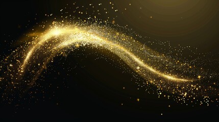 The stardust wave, a golden dust trail with glitter and sparkles, is an abstract luxury effect with sparks and shimmer particles isolated on a transparent background.