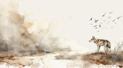 A haunting watercolor scene showing animals migrating through desolate landscapes, a poignant reminder of biodiversity loss due to climate shifts, in a style of watercolor