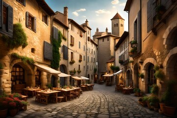 Fototapeta premium a medieval fortress setting, capturing the charm of a cobblestone street and market square.