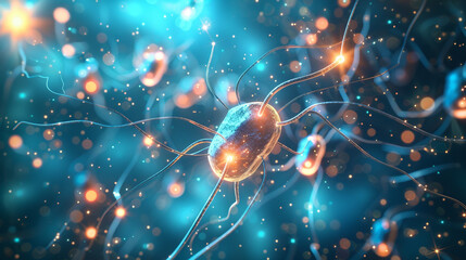 An image of virtual synaptic connections, glowing against a sparkling cerulean backdrop, representing the intersection of neuroscience and technology.