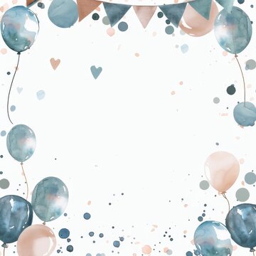 Watercolor background with balloons and polka dots in blue and pink.