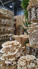 A trade show exhibit displaying innovations in green packaging materials, from biodegradable plastics to mushroom-based cushioning