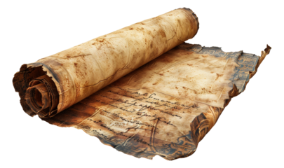 Aged paper scroll with mysterious ancient script isolated on transparent background